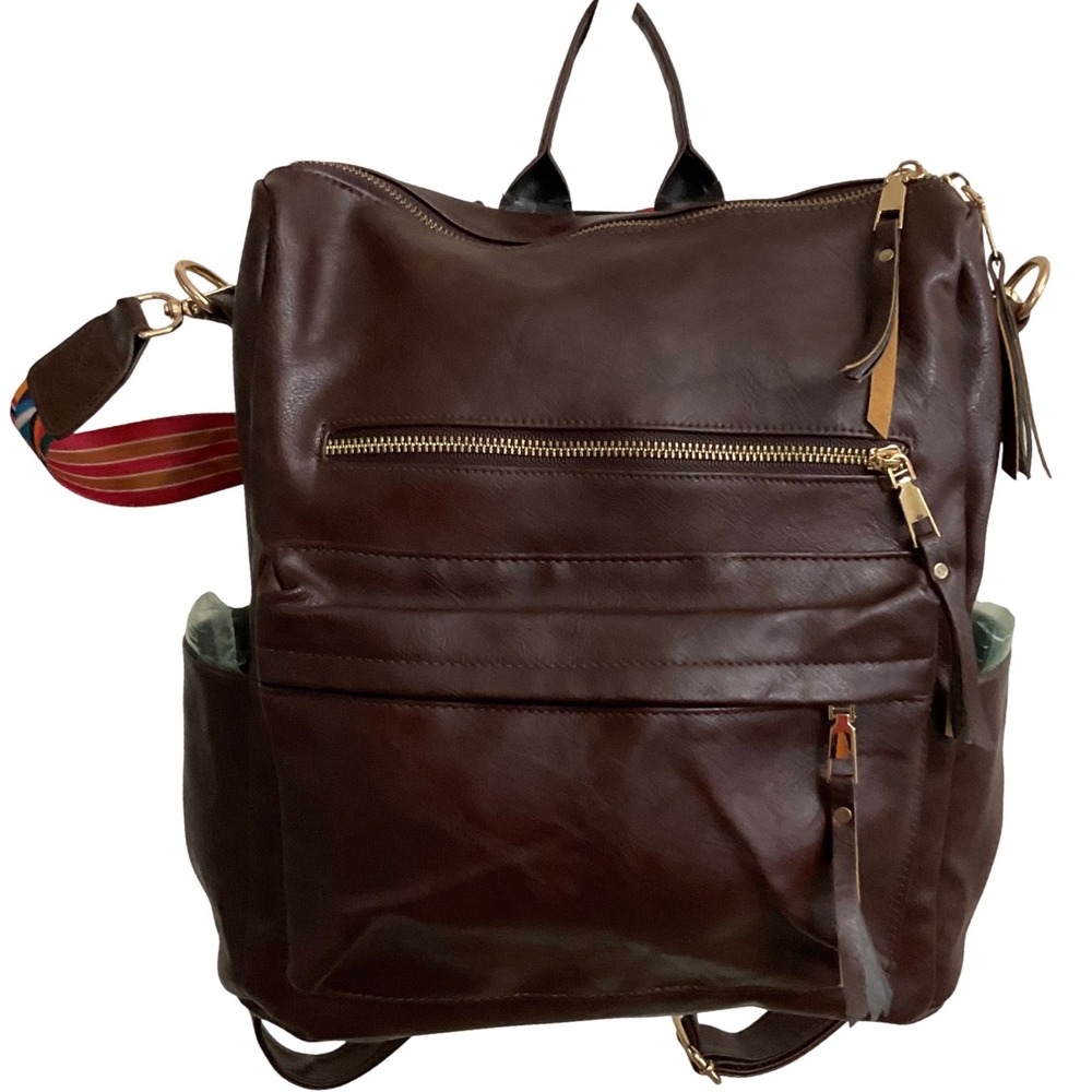 Modern + Chic Brown Vegan Leather Convertible Backpack Shoulder Bag Gold Zip